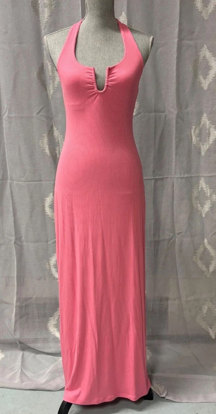 L*Space La Femme Pink Halter Maxi Dress U-Wire Ribbed Slit Medium NWT